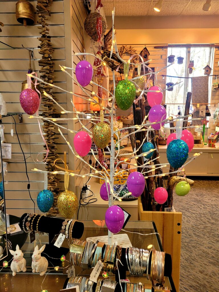 Colorful Easter decorations on display in store.